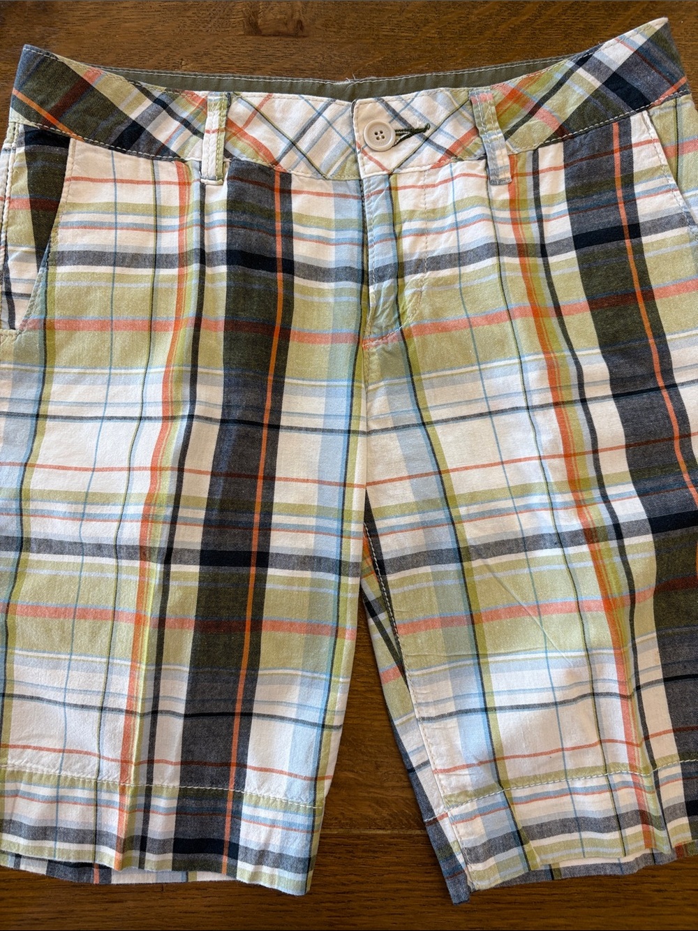 Women’s Plaid Cotton Shorts in Olive, Orange, White & Blue
